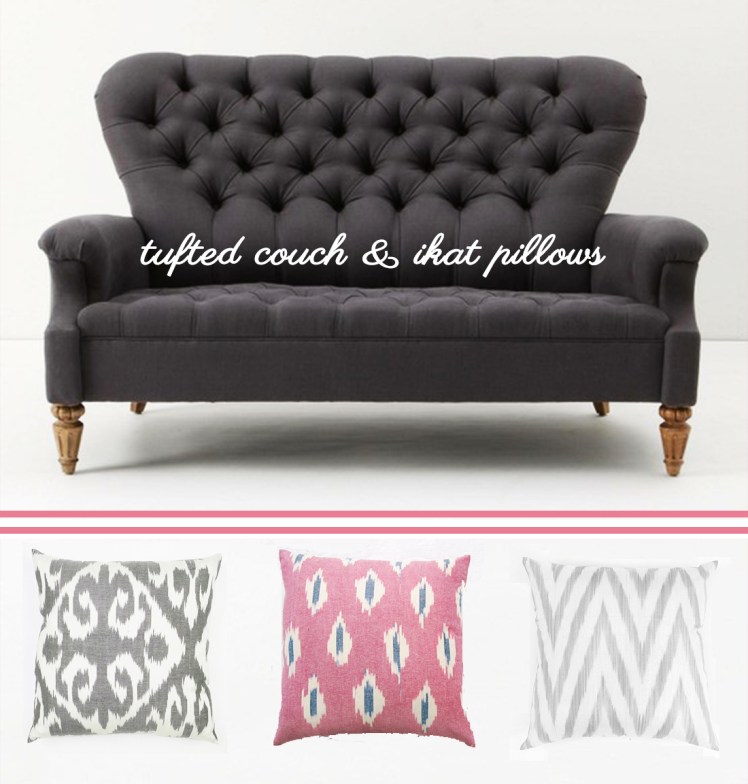 tufted couch and ikat pillows