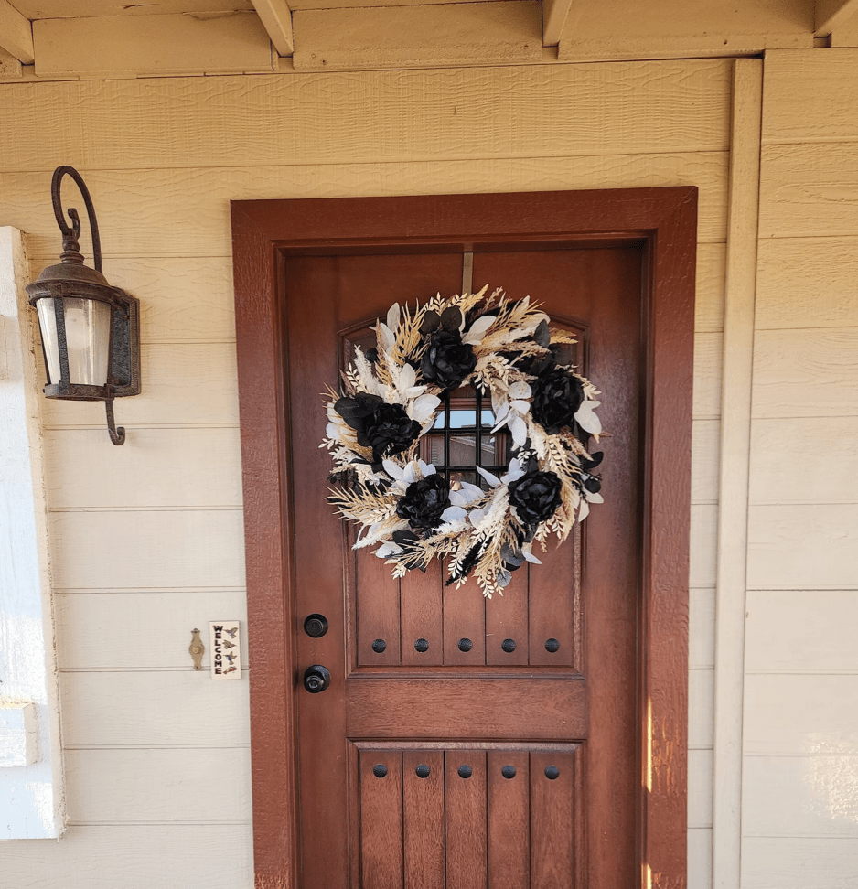 Halloween Boho Wreath with Black Flowers